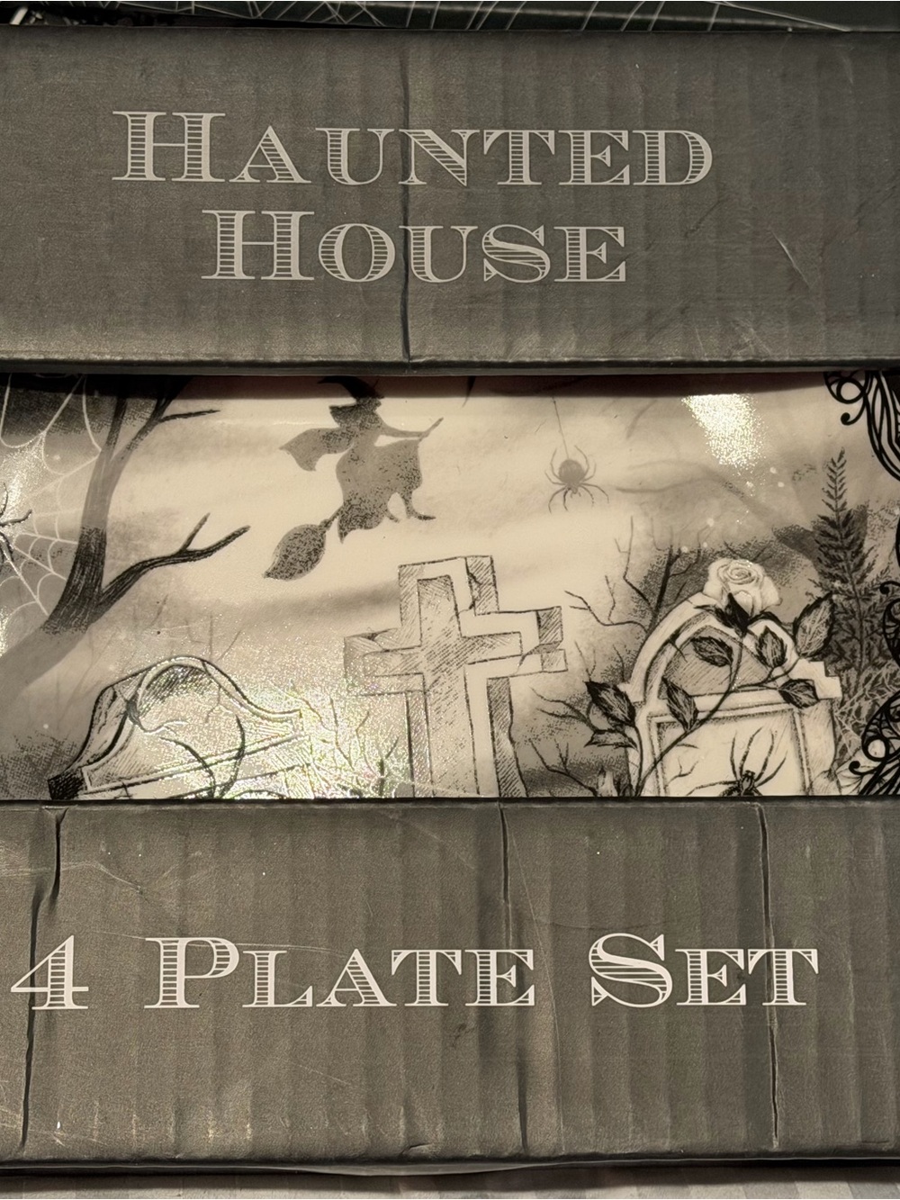 Haunted House 8” Ceramic Halloween Plate Set - Grey tones